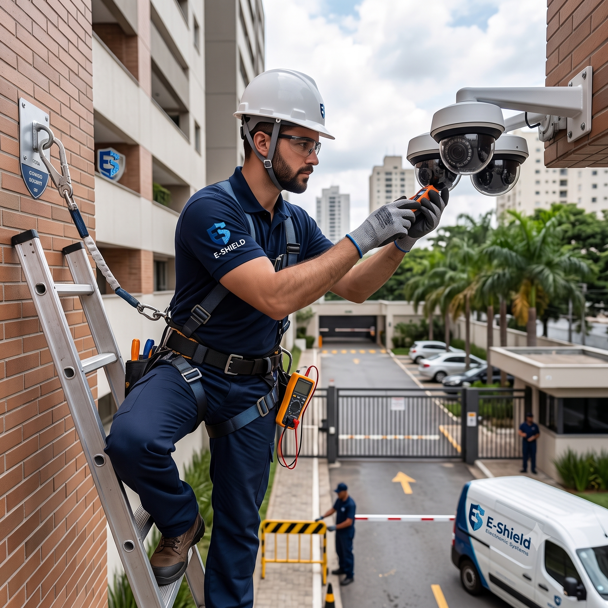 Técnico realizando manutenção de câmeras